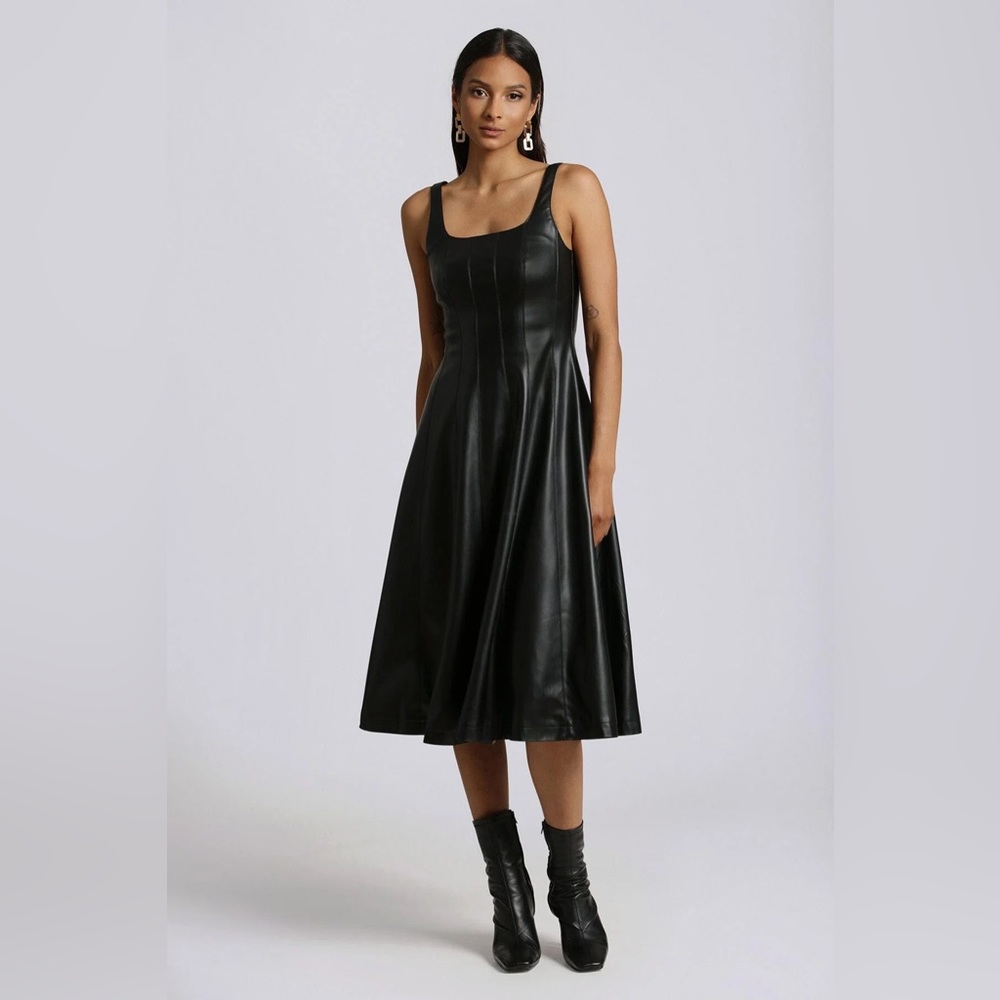 7 For All Mankind FAUX-EVER LEATHER™ FIT-AND-FLARE MIDI DRESS Black XS